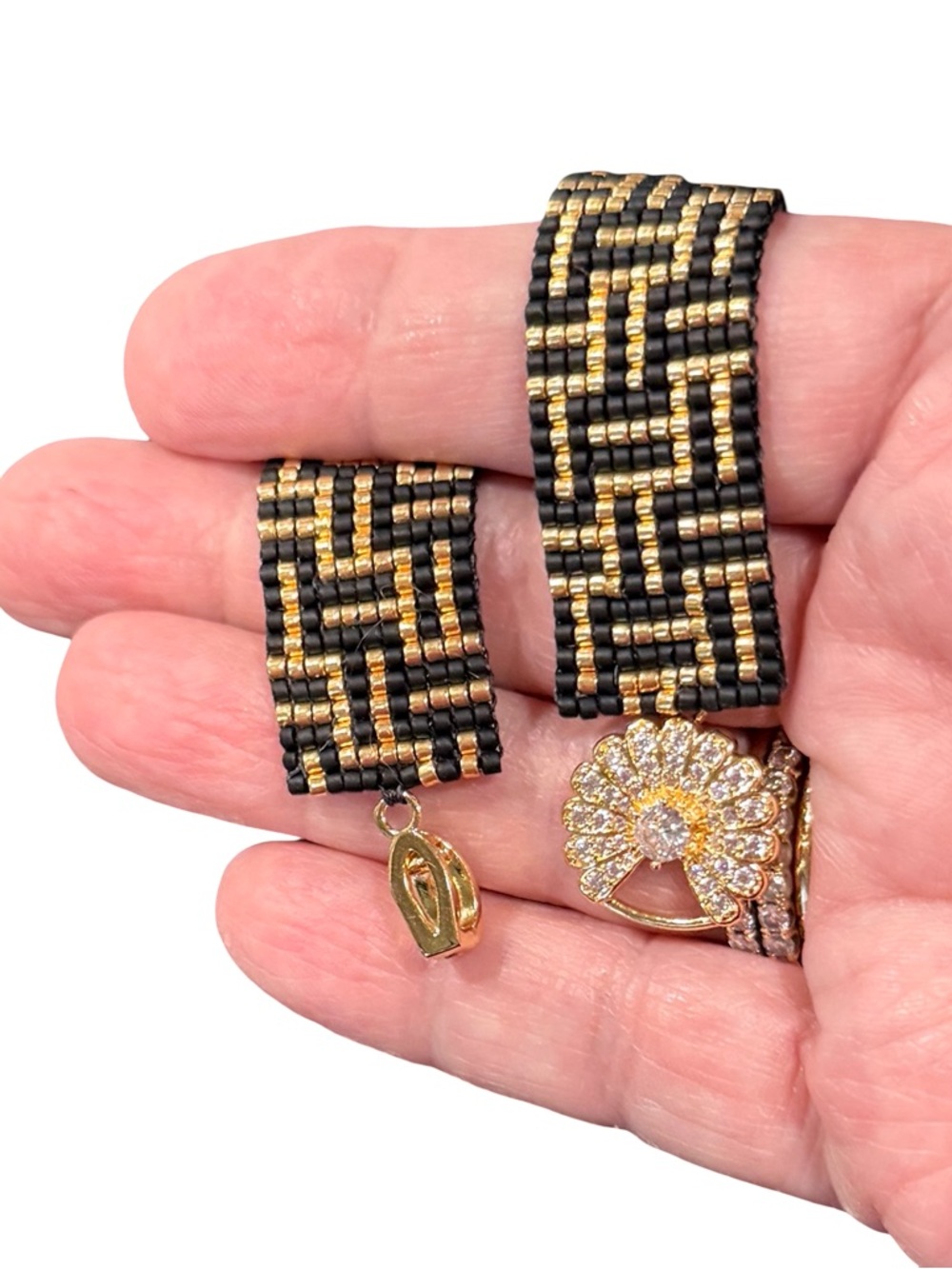Black Gold Art Deco Beaded Bracelet | Geometric Loom Cuff | CZ Clasp - Picture 11 of 11